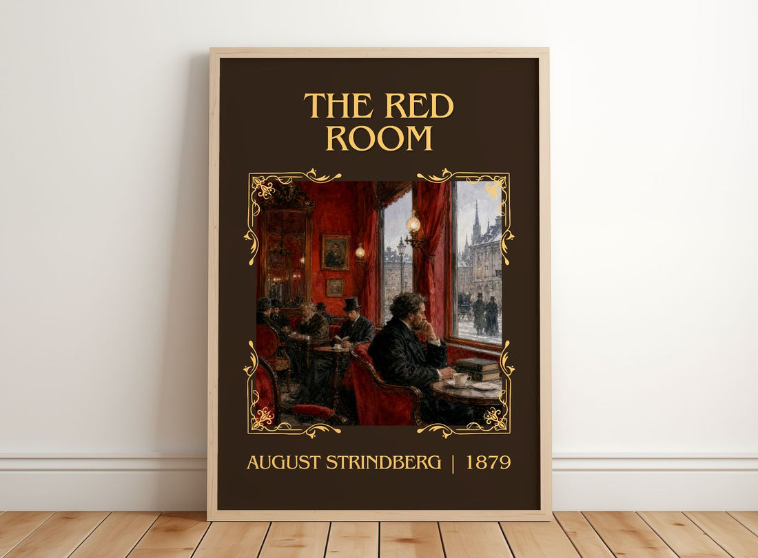 The Red Room Classic Book Art Print by August Strindberg – framed print leaning on a wooden floor