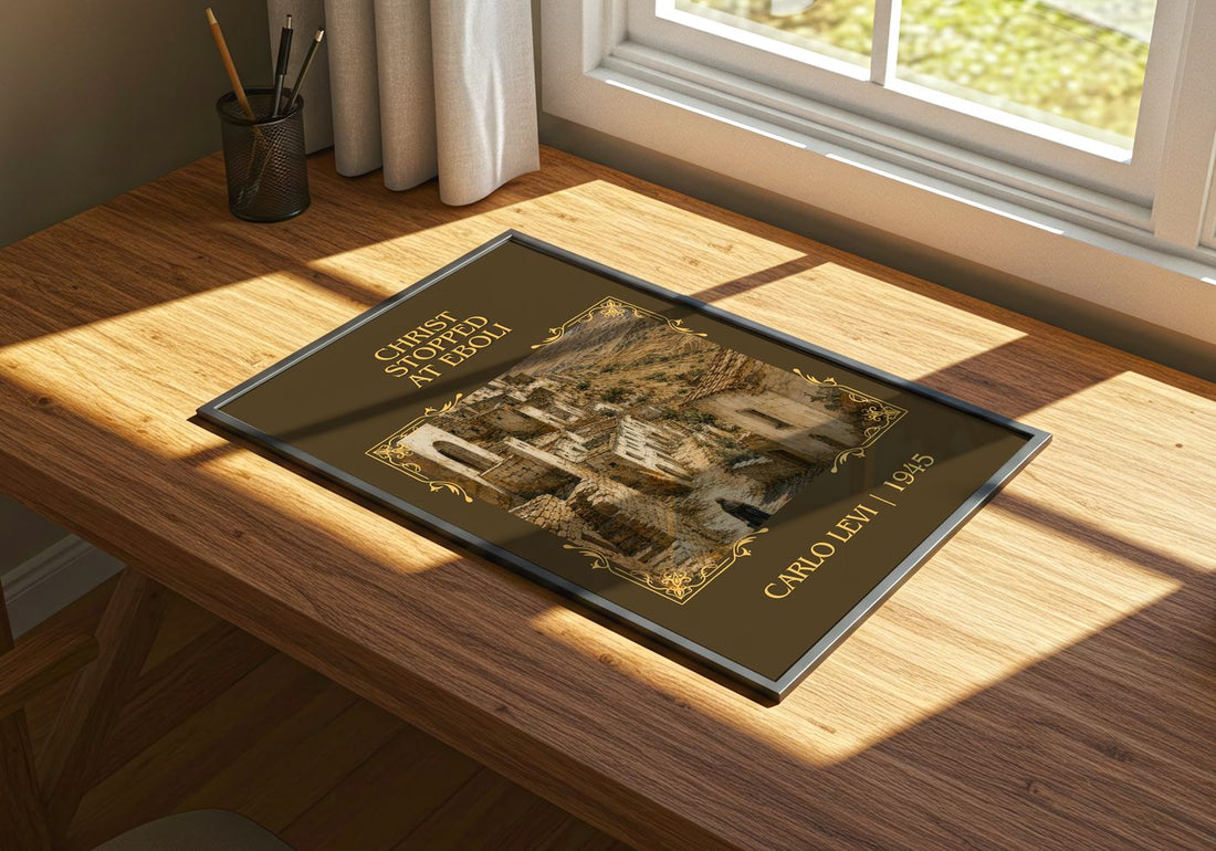 Christ Stopped at Eboli Classic Book Art Print by Carlo Levi – print on a sunlit desk