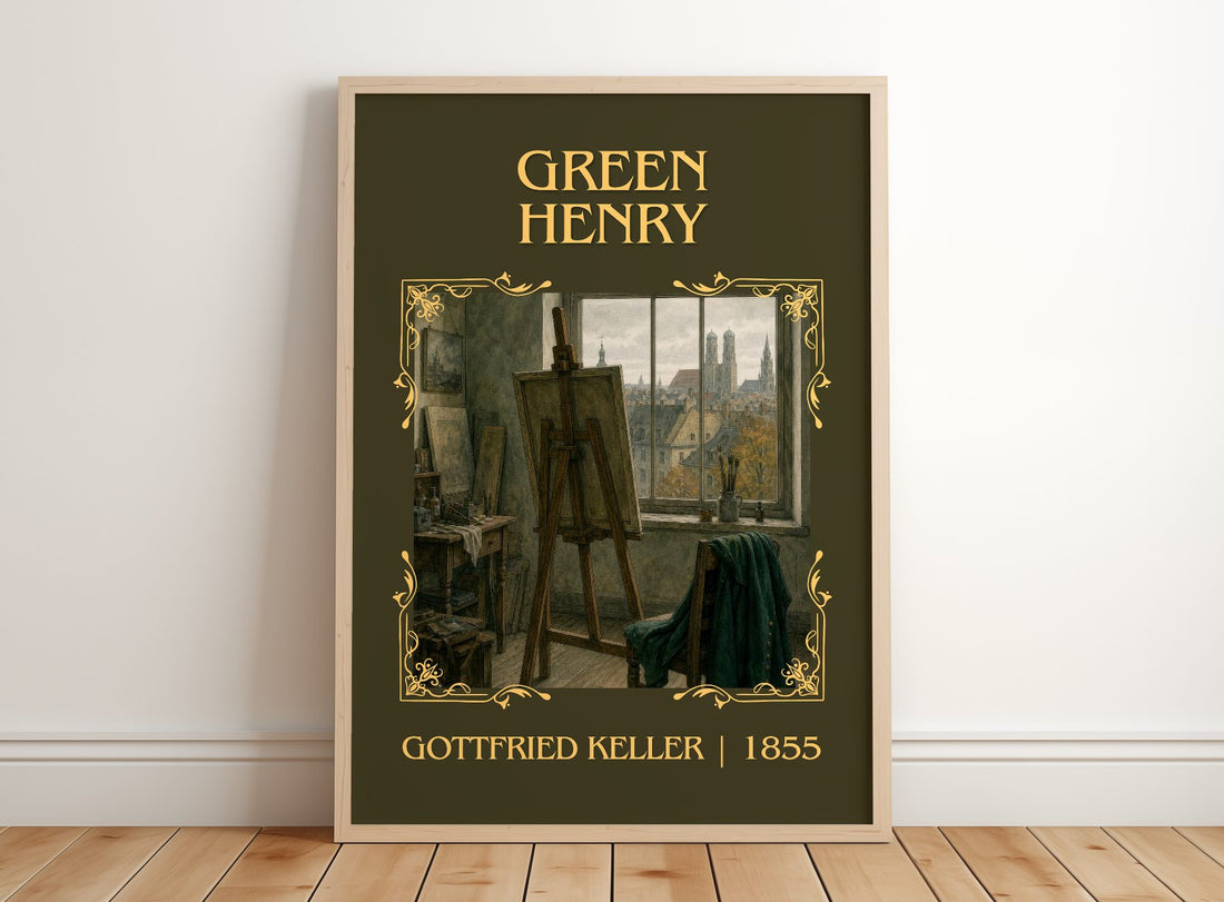 Green Henry Classic Book Art Print by Gottfried Keller – framed print leaning on a wooden floor