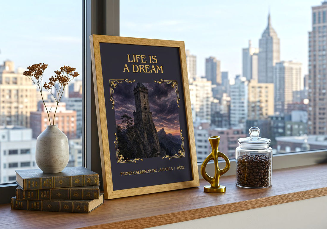 Life Is a Dream Classic Book Art Print by Pedro Calderón de la Barca – framed print on a city-view windowsill