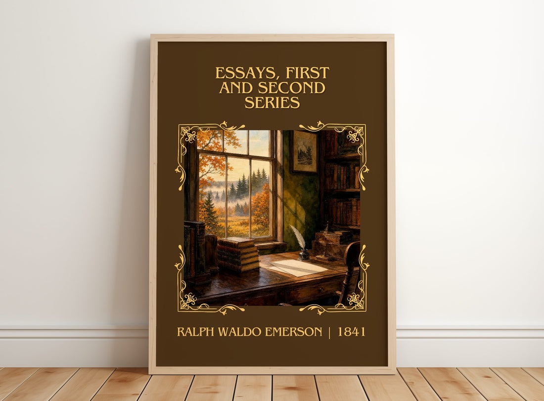 Essays, First And Second Series Classic Book Art Print by R. Emerson – framed print leaning on a wooden floor