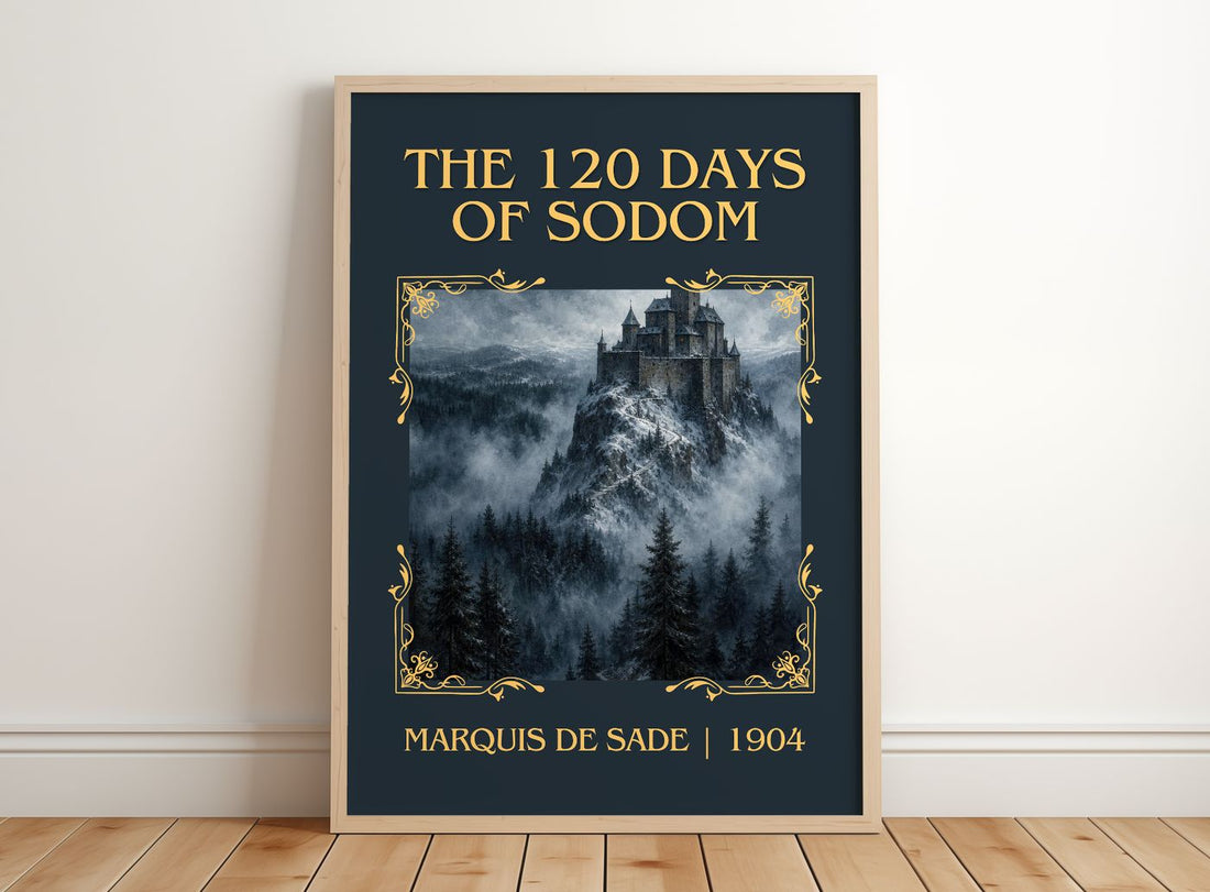 The 120 Days of Sodom Classic Book Art Print by Marquis de Sade – framed print leaning on a wooden floor