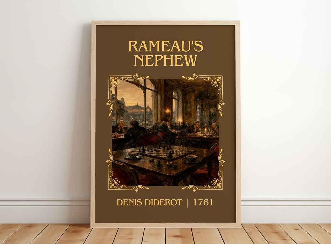 Rameau's Nephew Classic Book Art Print by Denis Diderot – framed print leaning on a wooden floor