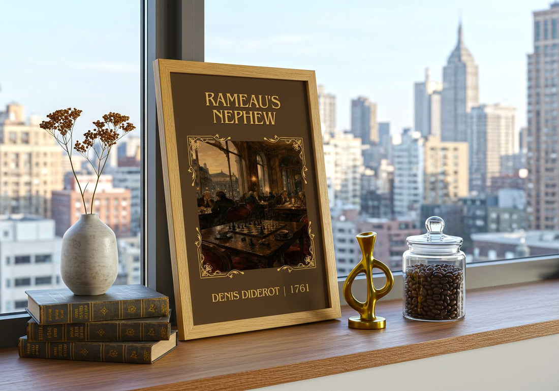 Rameau's Nephew Classic Book Art Print by Denis Diderot – framed print on a city-view windowsill