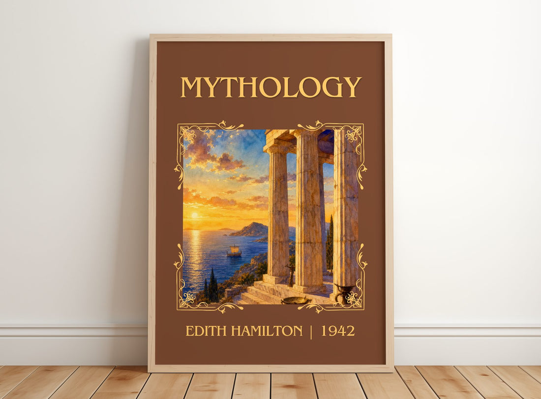 Mythology Classic Book Art Print by Edith Hamilton – framed print leaning on a wooden floor