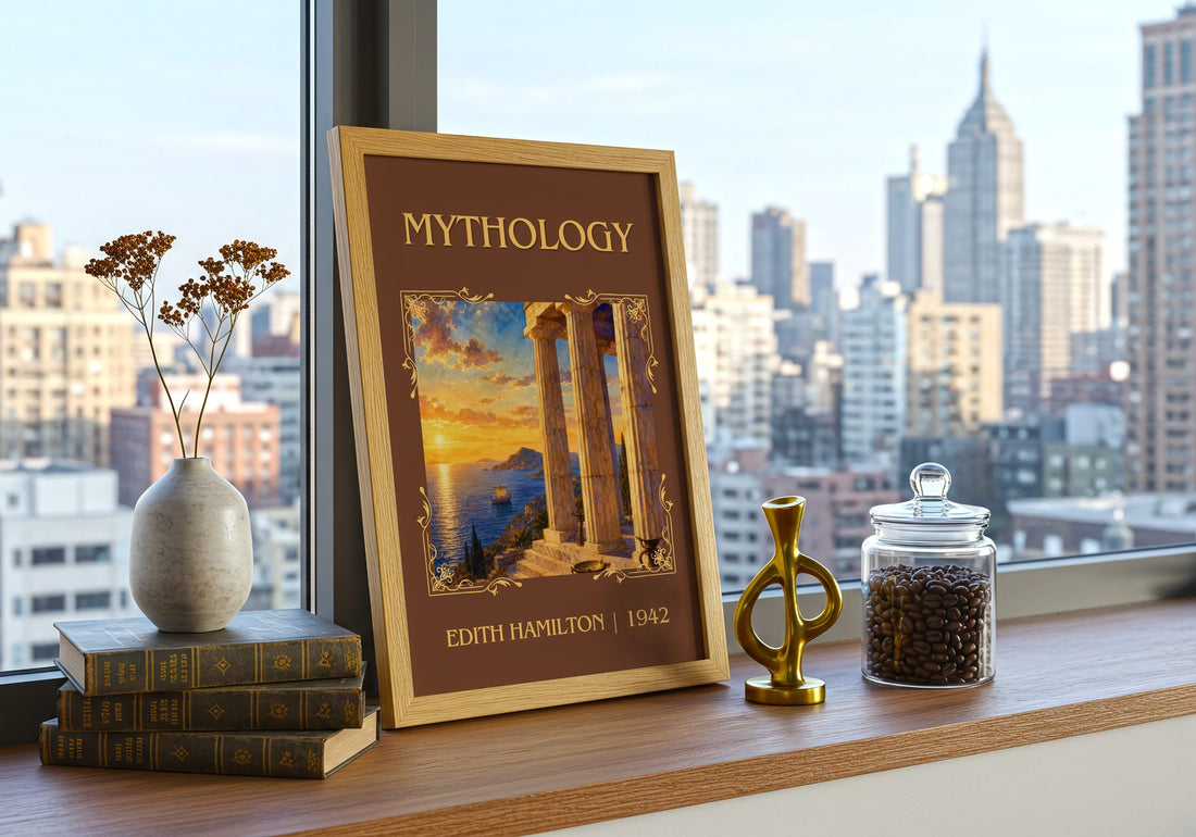 Mythology Classic Book Art Print by Edith Hamilton – framed print on a city-view windowsill