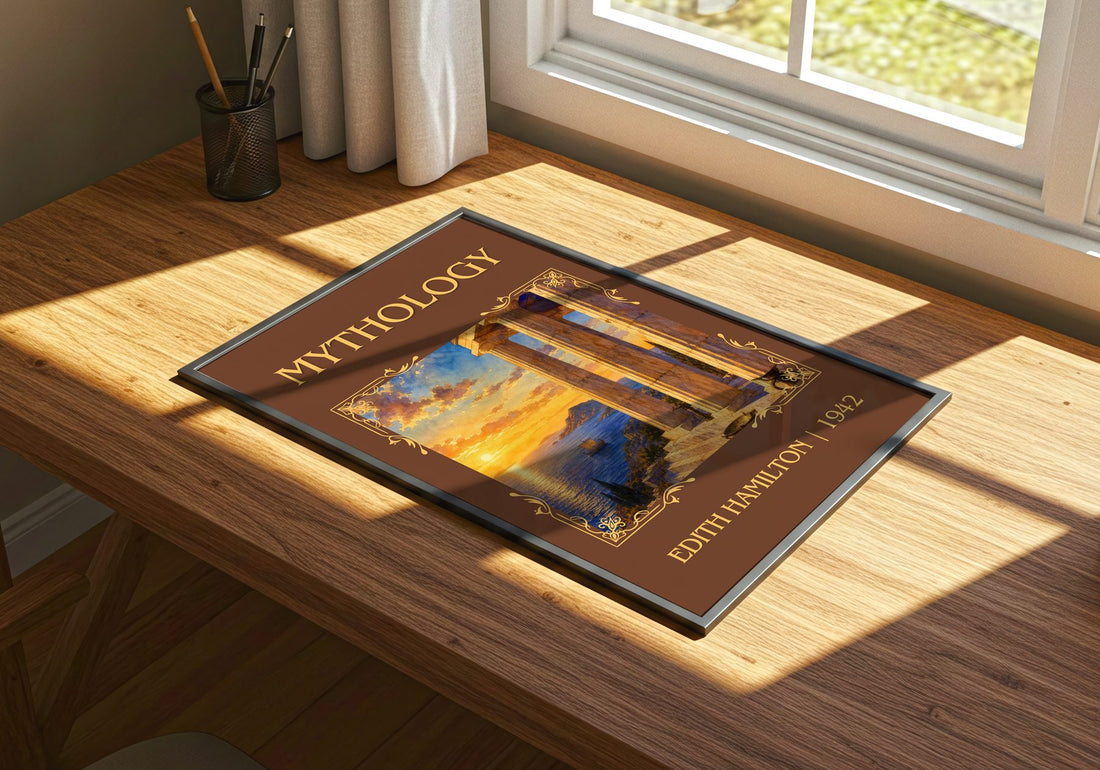 Mythology Classic Book Art Print by Edith Hamilton – print on a sunlit desk