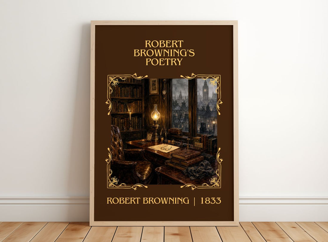 Robert Browning's Poetry Classic Book Art Print by Robert Browning – framed print leaning on a wooden floor