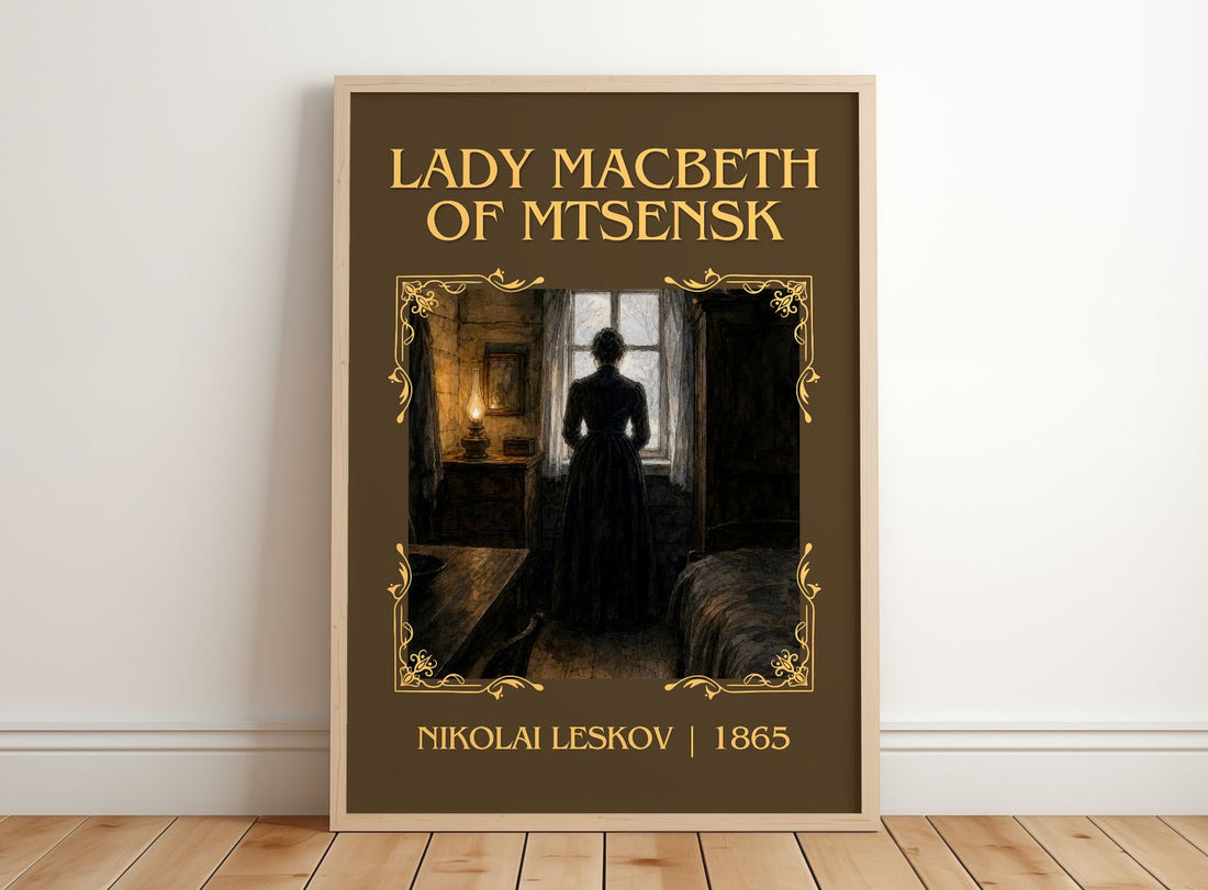 Lady Macbeth Of Mtsensk Classic Book Art Print by Nikolai Leskov – framed print leaning on a wooden floor
