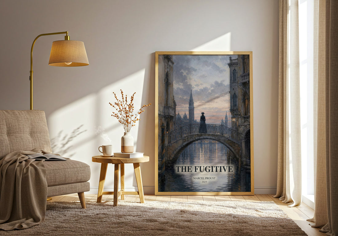 The Fugitive watercolour print in frame leaning in hallway – classic literature wall art (mockup)