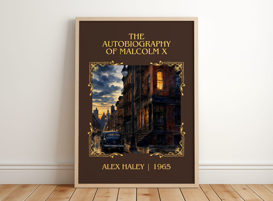 The Autobiography of Malcolm X Classic Book Art Print by Alex Haley – framed print leaning on a wooden floor