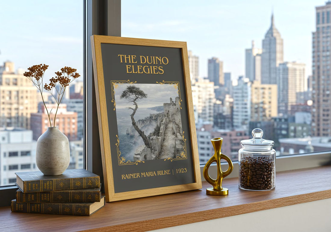 The Duino Elegies Classic Book Art Print by Rainer Maria Rilke – framed print on a city-view windowsill