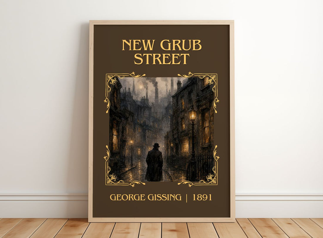 New Grub Street Classic Book Art Print by George Gissing – framed print leaning on a wooden floor