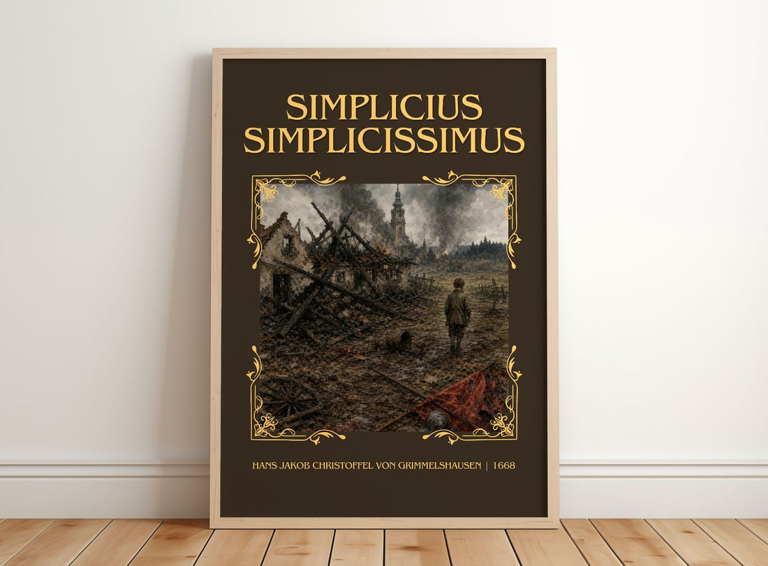Simplicius Simplicissimus Classic Book Art Print by H. Grimmelshausen – framed print leaning on a wooden floor