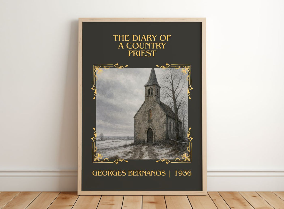 Diary of a Country Priest Classic Book Art Print by Georges Bernanos – framed print leaning on a wooden floor