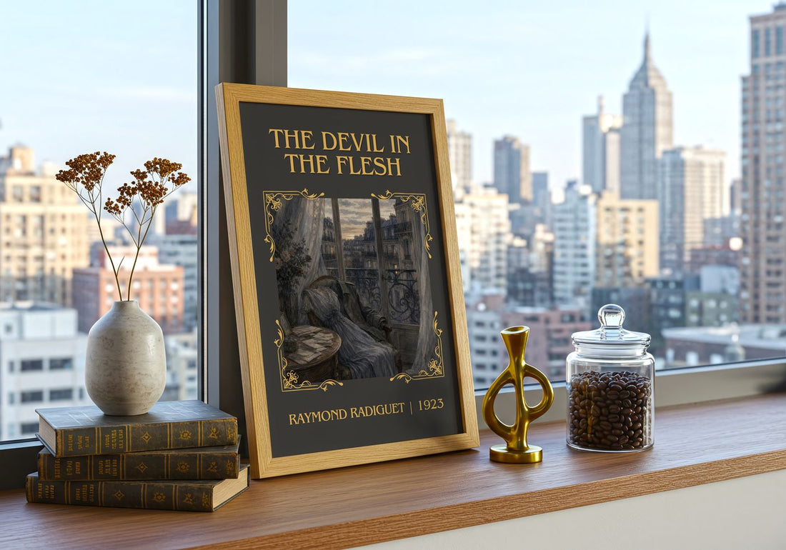 The Devil in the Flesh Classic Book Art Print by Raymond Radiguet – framed print on a city-view windowsill
