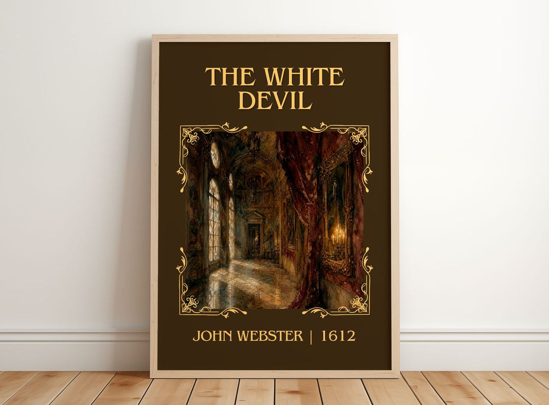 The White Devil Classic Book Art Print by John Webster – framed print leaning on a wooden floor