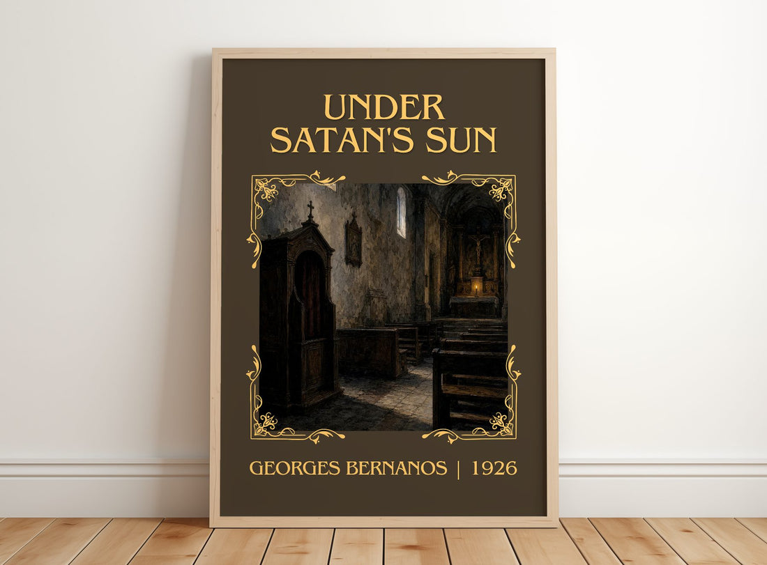 Under Satan's Sun Classic Book Art Print by Georges Bernanos – framed print leaning on a wooden floor