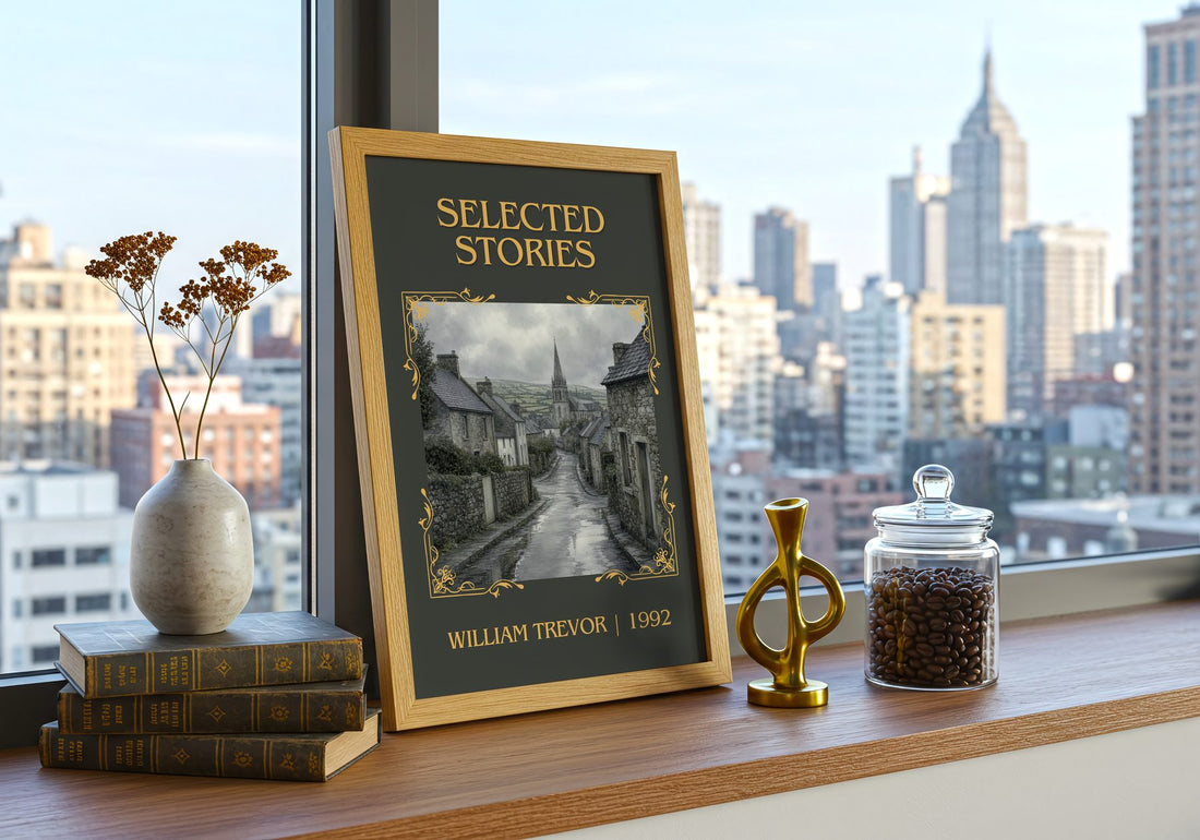 Selected Stories Classic Book Art Print by William Trevor – framed print on a city-view windowsill