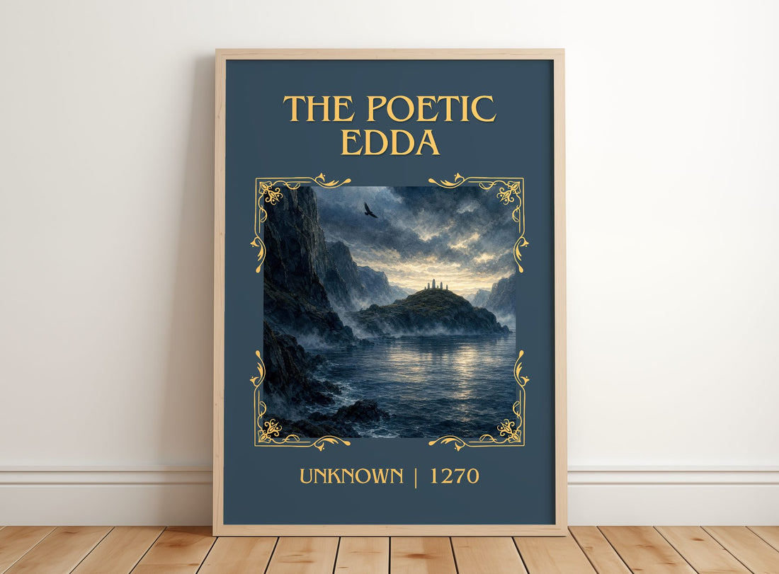The Poetic Edda Classic Book Art Print by Unknown – framed print leaning on a wooden floor