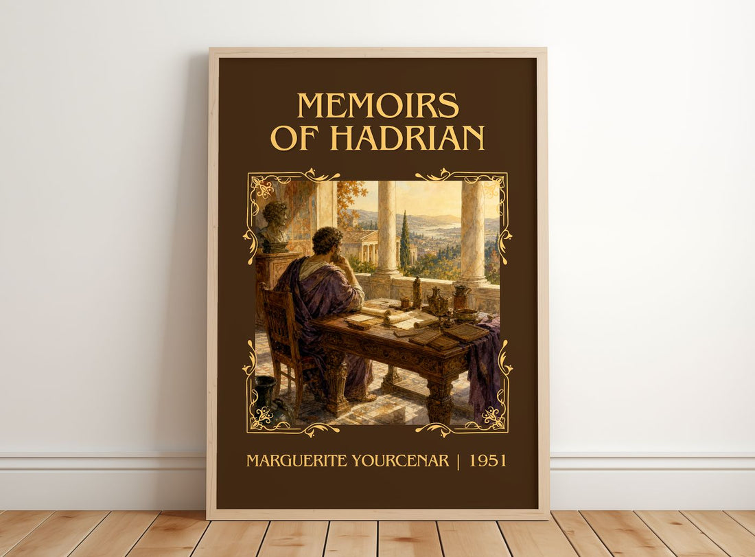 Memoirs of Hadrian Classic Book Art Print by Marguerite Yourcenar – framed print leaning on a wooden floor