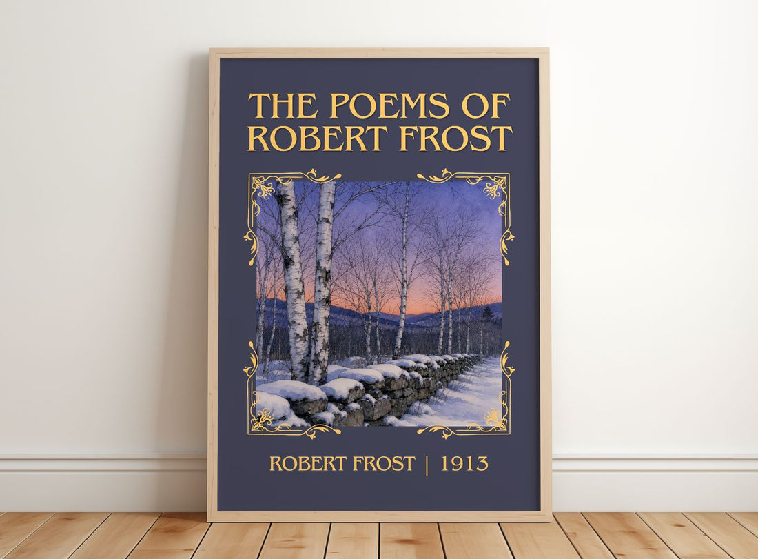 The Poems of Robert Frost Classic Book Art Print by Robert Frost – framed print leaning on a wooden floor