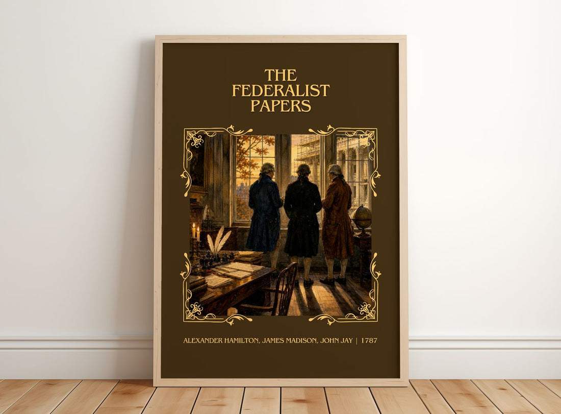 Federalist Papers Classic Book Art Print by A. Jay – framed print leaning on a wooden floor