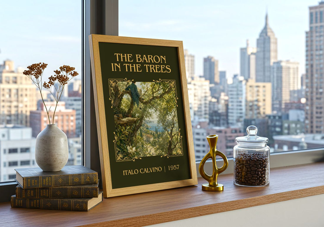 The Baron in the Trees Classic Book Art Print by Italo Calvino – framed print on a city-view windowsill