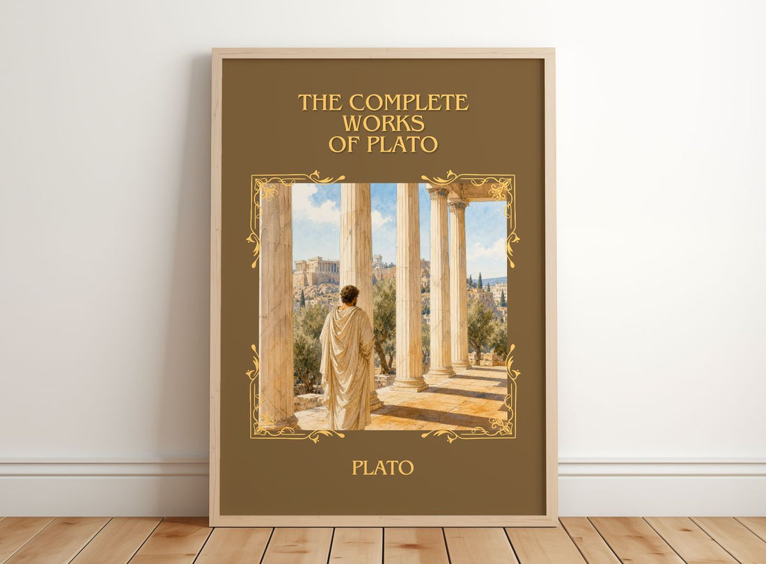 The Complete Works of Plato Classic Book Art Print by Plato – framed print leaning on a wooden floor