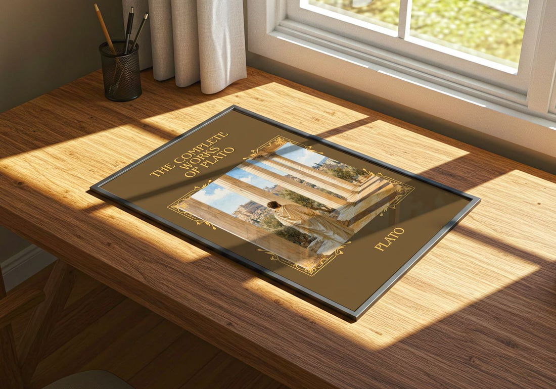 The Complete Works of Plato Classic Book Art Print by Plato – print on a sunlit desk