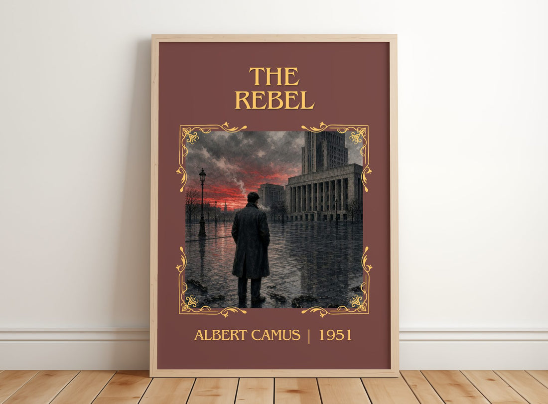 The Rebel Classic Book Art Print by Albert Camus – framed print leaning on a wooden floor