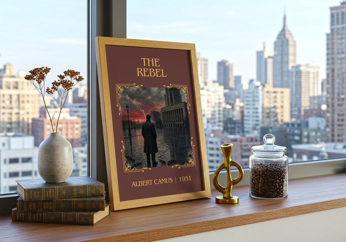 The Rebel Classic Book Art Print by Albert Camus – framed print on a city-view windowsill