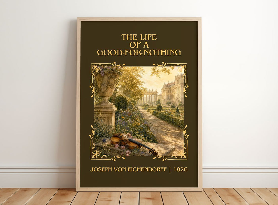 Life of a Good-For-Nothing Classic Book Art Print by J. Eichendorff – framed print leaning on a wooden floor