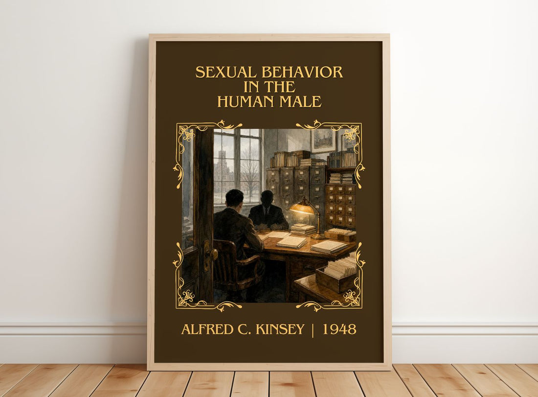 Sexual Behavior in the Human Male Classic Book Art Print by A. Kinsey – framed print leaning on a wooden floor