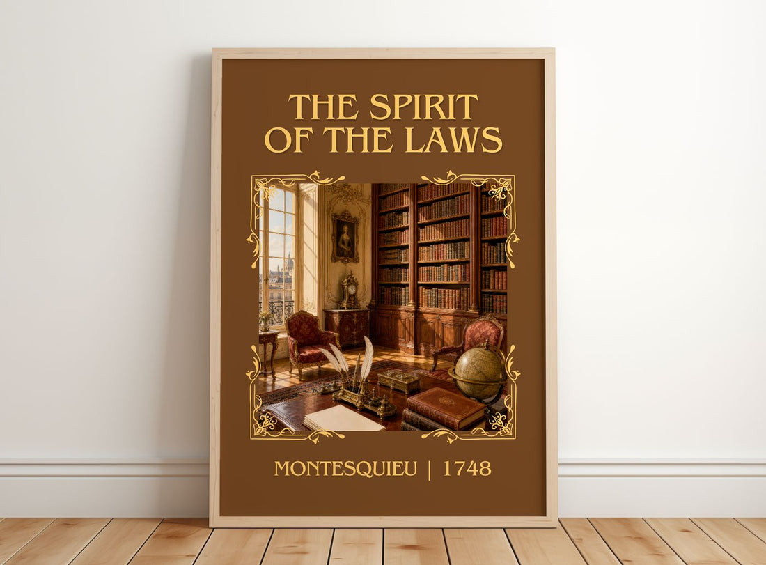 The Spirit Of The Laws Classic Book Art Print by Montesquieu – framed print leaning on a wooden floor