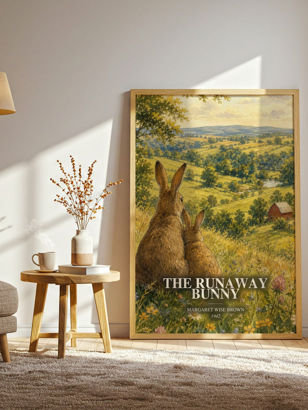 The Runaway Bunny watercolour print in frame leaning in hallway – childrens wall art