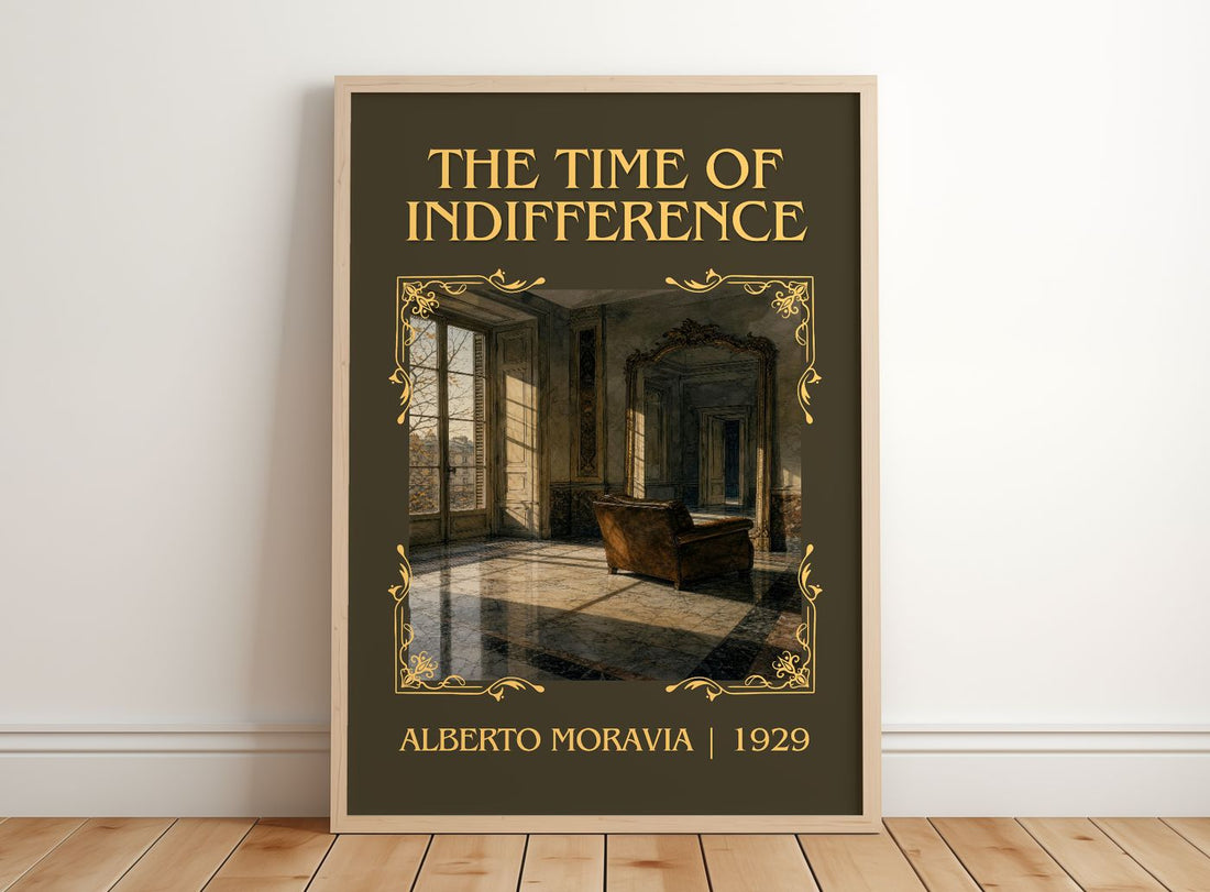 The Time of Indifference Classic Book Art Print by Alberto Moravia – framed print leaning on a wooden floor