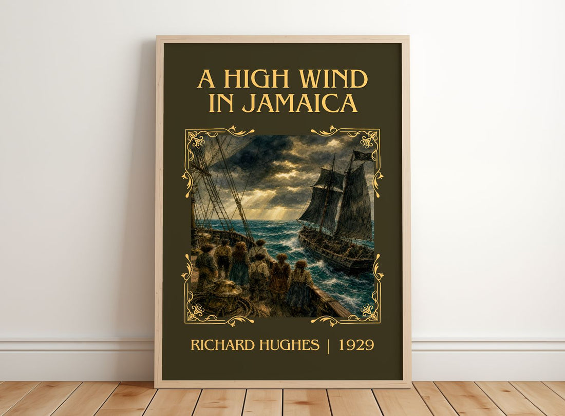 A High Wind in Jamaica Classic Book Art Print by Richard Hughes – framed print leaning on a wooden floor