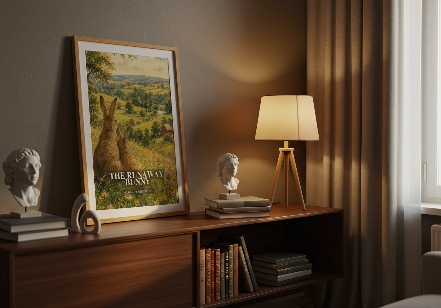 The Runaway Bunny watercolour print on bookshelf – Margaret Wise Brown fan gift