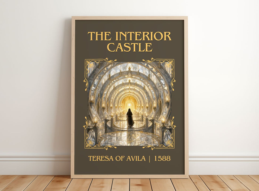 The Interior Castle Classic Book Art Print by Teresa of Avila – framed print leaning on a wooden floor