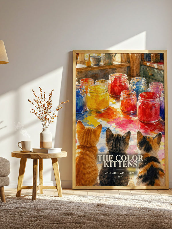 The Color Kittens watercolour print in frame leaning in hallway – childrens wall art