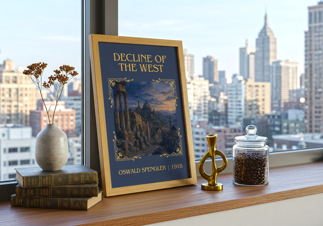 Decline of the West Classic Book Art Print by Oswald Spengler – framed print on a city-view windowsill