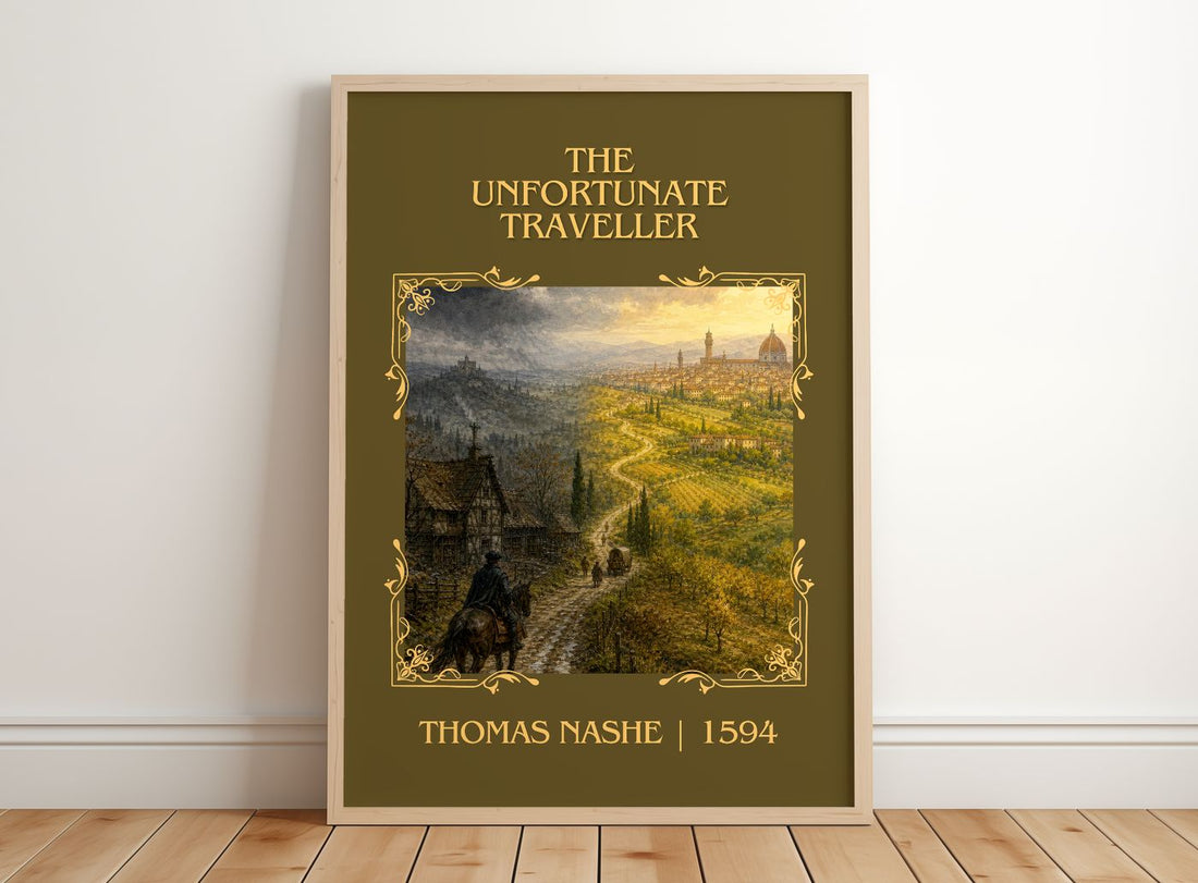 The Unfortunate Traveller Classic Book Art Print by Thomas Nashe – framed print leaning on a wooden floor