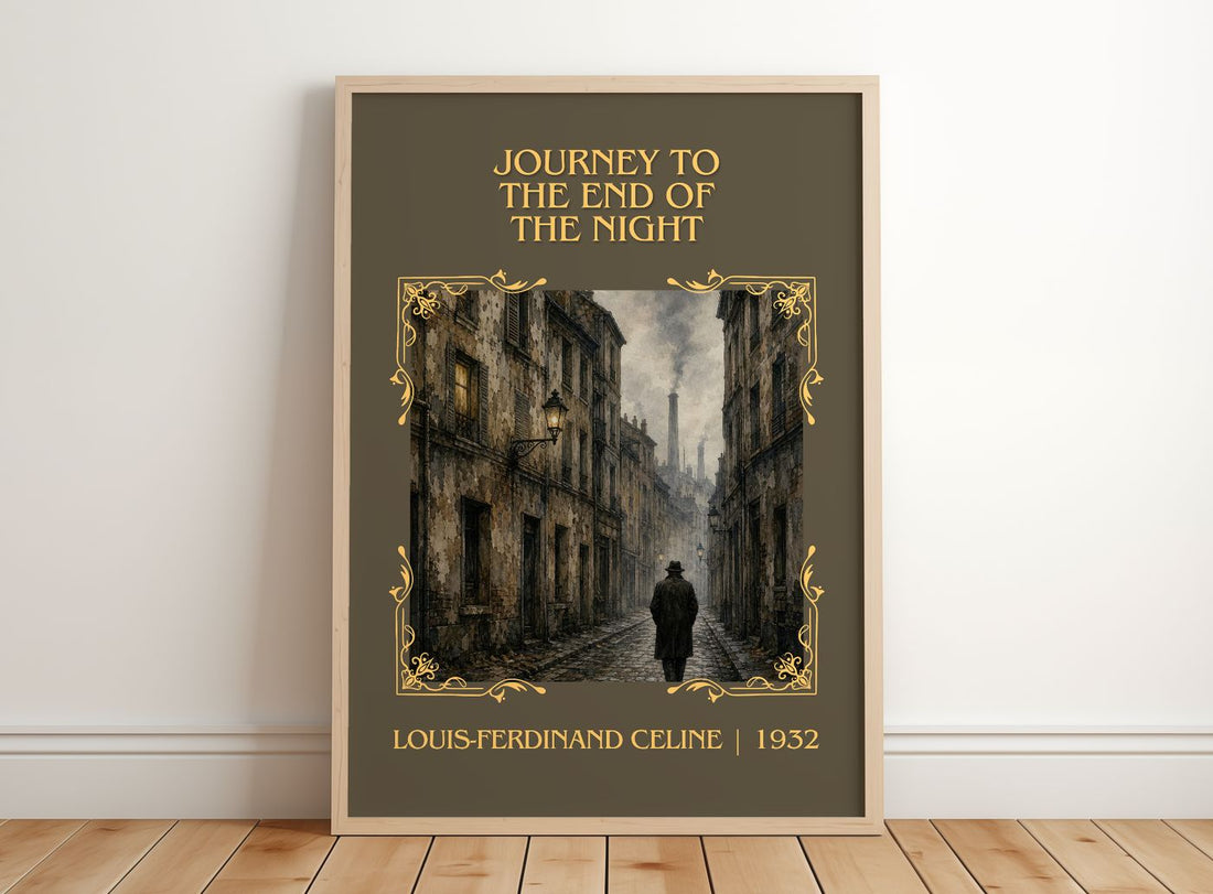 Journey to the End of The Night Classic Book Art Print by L. Céline – framed print leaning on a wooden floor