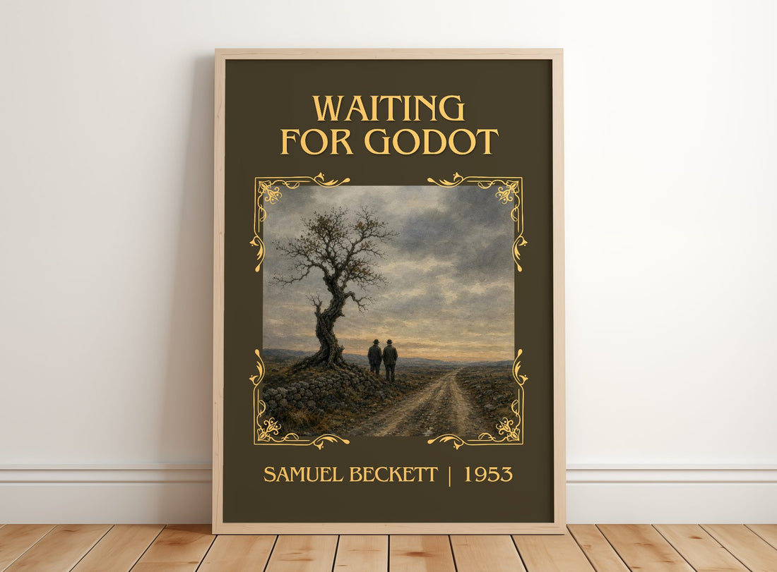Waiting for Godot Classic Book Art Print by Samuel Beckett – framed print leaning on a wooden floor