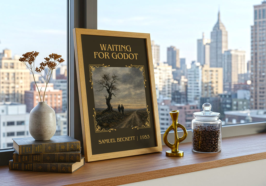 Waiting for Godot Classic Book Art Print by Samuel Beckett – framed print on a city-view windowsill