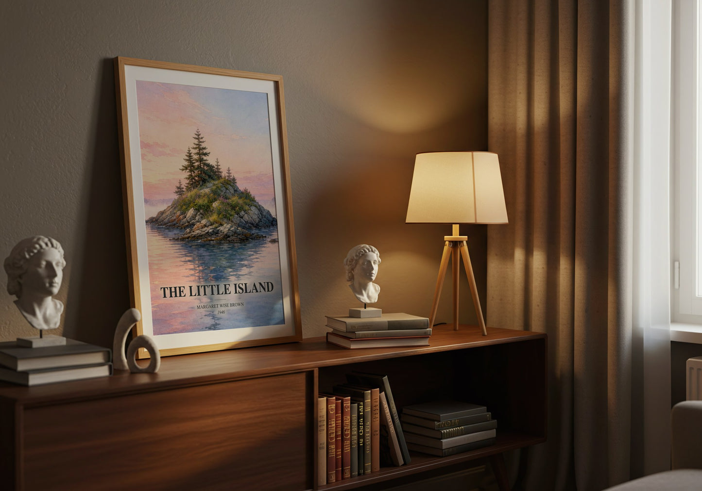 The Little Island watercolour print on bookshelf – Margaret Wise Brown fan gift