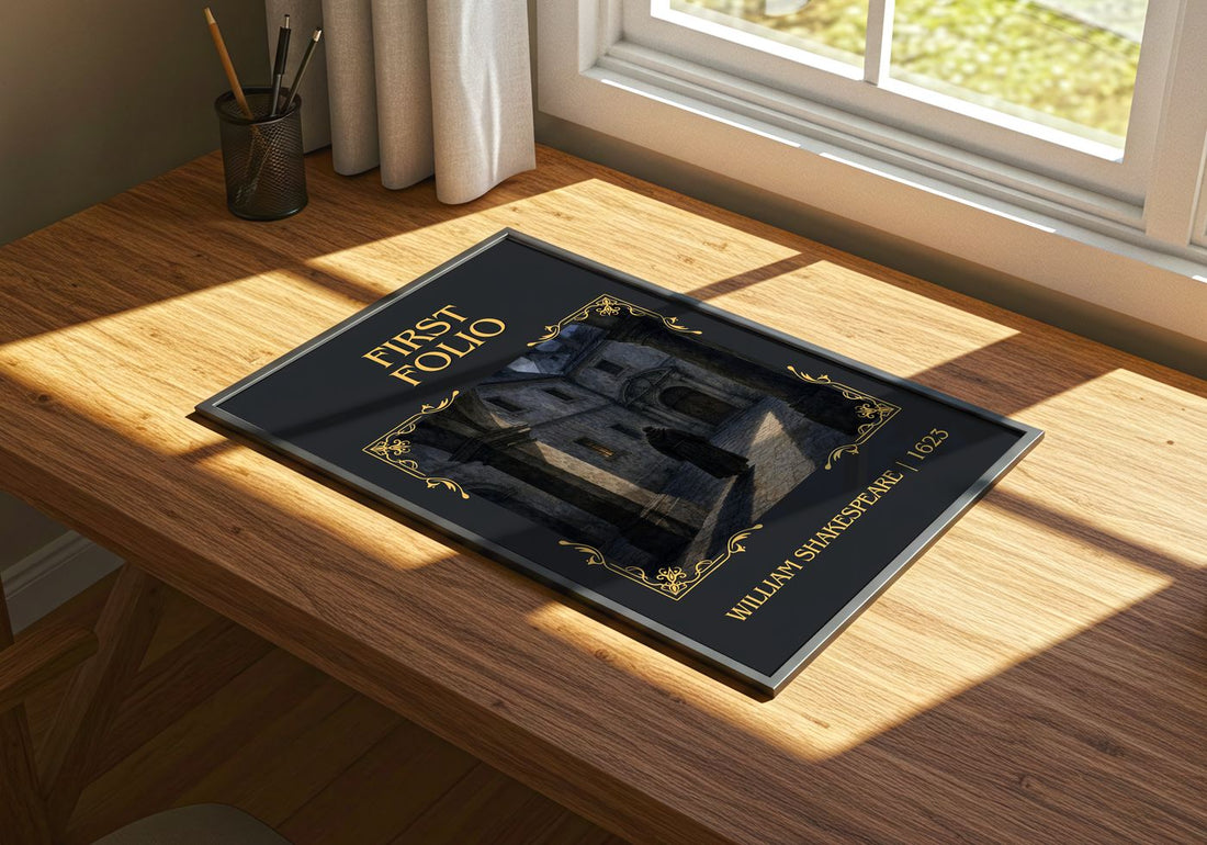 First Folio Classic Book Art Print by William Shakespeare – print on a sunlit desk