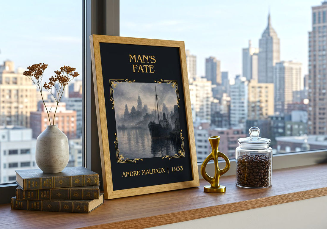 Man's Fate Classic Book Art Print by Andre Malraux – framed print on a city-view windowsill