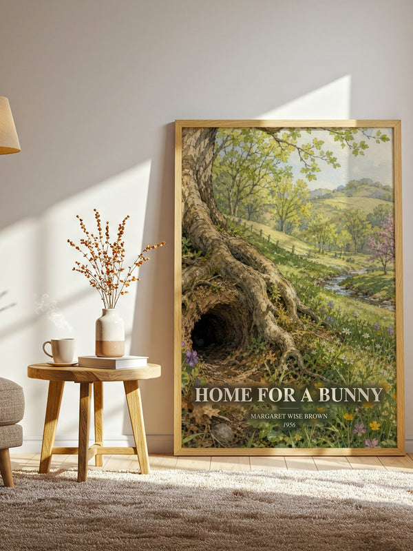 Home For A Bunny watercolour print in frame leaning in hallway – childrens wall art